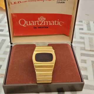 R9 Rare Mens Vintage Led Digital Watch Box Papers Westclox Red Crystal
