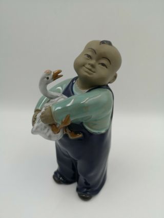 Rare Vintage Chinese Mudman Shiwan Glazed Stoneware Figurine Child With Goose