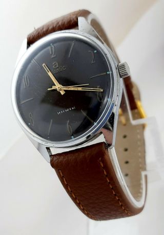 Rare Atlantic Worldmaster Hand Wind Wrist Watch Black Dial Men’s Vintage Swiss
