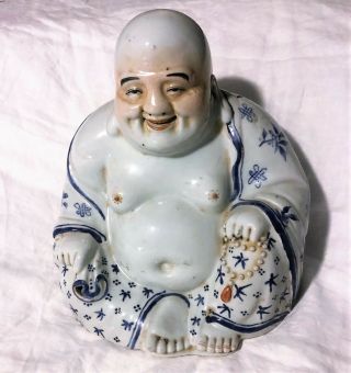 Large Antique Chinese Blue & White Porcelain Buddha Figure 10 " In.  Qing