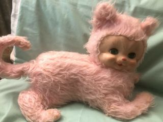 Adorable Vintage Pink Rushton Rubber Face Cat Kitty Sleepy Eyes