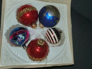 Misc 5 Vintage Glass Ornaments Different Sizes Red White Blue Gold