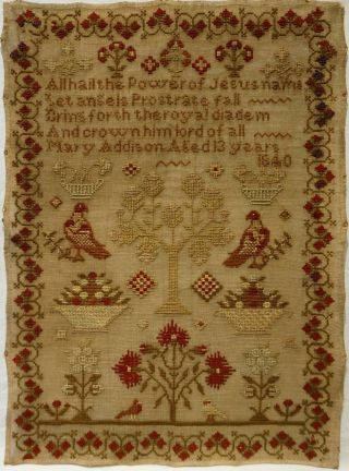 Early/mid 19th Century Motif & Verse Sampler By Mary Addison Aged 13 - 1840