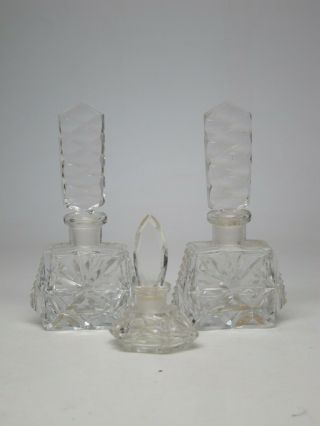 Three Vintage Irice Hand Cut Crystal Glass Perfume Bottles Stoppers 2 Matching