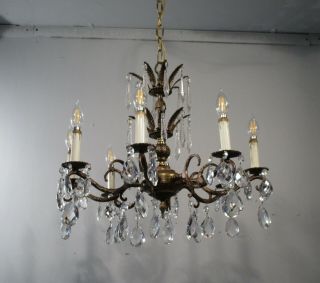 Antique Vintage Spanish Bronze Chandelier 8 Light Fixture Crystals