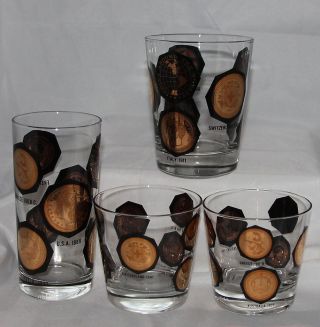 4 Vintage Coins Around The World Tumblers Glasses Old Fashioned Cadillac News