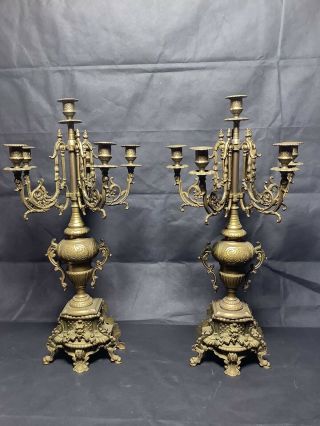 Large Brass Bronze Candleabras 5 Arm 6 Candle 24”