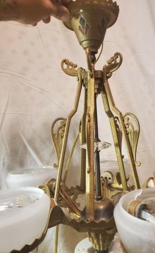 Antique 1927 - 30 Art Deco Gill glass beehive 5 Light slip shade chandelier 3