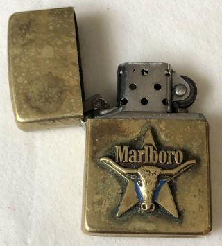 Vintage Solid Brass Marlboro Texas Star Longhorn Steer Bull Zippo Lighter Vill