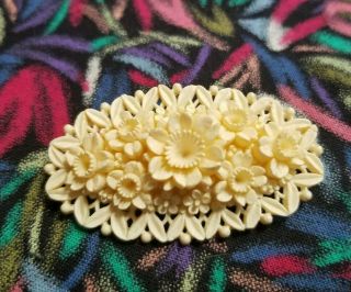 Lovely Vintage 1940s White Carved Celluloid Oval Floral Pin Brooch 2 "