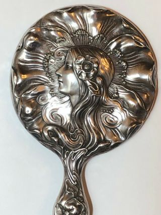 Antique Art Nouveau Unger Bros Sterling Silver Dawn Figural Woman Hand Mirror 2