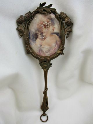 Antique,  Victorian,  French,  Bronze,  Hand Painted Portrait,  Hand Mirror,  Signed,  1890 