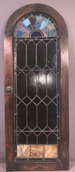 Lg Vintage Arch Top Stained Leaded Glass Old Wood Frame Cabinet Door Window