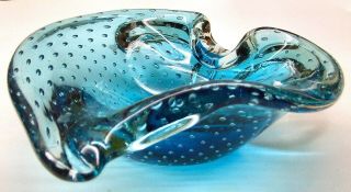 A Vintage Murano Freeform Glass Bowl / Dish - Blue With Controlled Bubbles