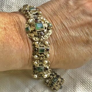Antique Austro Hungarian Victorian Sterling Silver Emerald Garnet Pearl Bracelet
