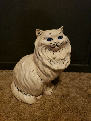 Vintage White With Blue Ceramic Persian Cat Statue Floor Decor 14 " W Blue Eyes