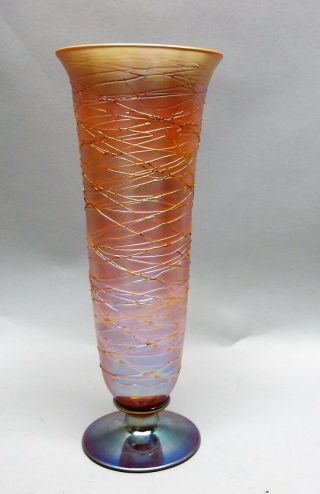 Fine Signed 12 " Durand Art Deco Glass Vase W/ Threading C.  1925 Antique