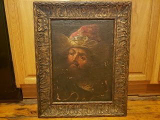 Antique 17th / 18th C.  Old Master Portrait O/c Painting Bearded Man W/ Hat Look