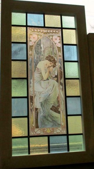 Old English Leaded Stained Glass Window.  Painted Art Nouveau Lady 14.  75 " X 26.  5 "