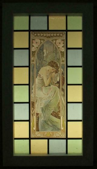OLD ENGLISH LEADED STAINED GLASS WINDOW.  Painted Art Nouveau Lady 14.  75 