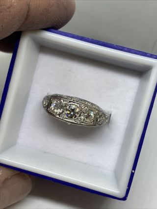 Antique Art Deco Platinum 3 Diamond Filigree Band Ring Size 6 1/4