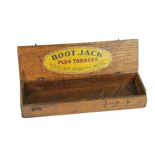 Antique Boot Jack Plug Tobacco Wooden Box Dovetail Hinged Stash Box