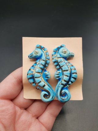 Vintage 1950s Mid Century Blue Deadstock Seahorse Earrings