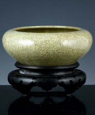 Large Old Chinese Guan Crackle Glaze Porcelain Censer Bowl W Stand