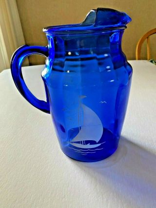 Vintage - Hazel - Atlas Cobalt Blue Glass Water Pitcher - Sailboat Design
