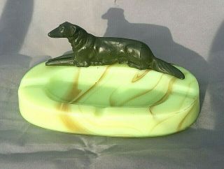 Antique Swirl Slag Vaseline Glass Ashtray With Metal Borzoi Dog
