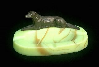 Antique Swirl Slag Vaseline Glass Ashtray with Metal Borzoi Dog 2
