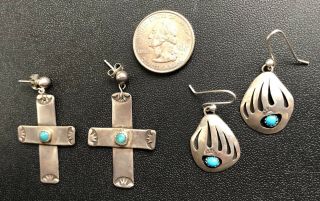 Two Pairs Vintage Native American Sterling Silver & Turquoise Earrings