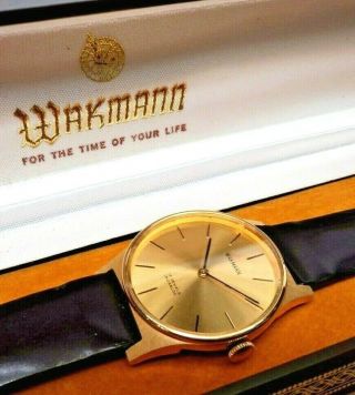 Premium 1970s Wakmann 17 Jewel Swiss Mens 18k Gold Plated Award Watch