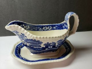Vintage Copeland Spodes Tower Blue White Gravy Boat With Underplate