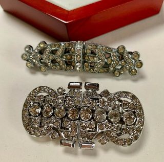 VINTAGE JEWELLERY 2 ART DECO CLEAR RHINESTONE DUETTE CLIP BROOCHES/PINS 2