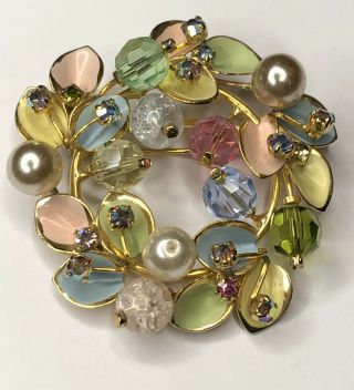 Vintage Kramer Rhinestone Pearl Crystal Enamel Flower Brooch Pin Made In Austria