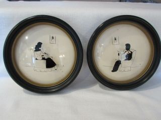 Vintage Pair Round Bubble Glass Reverse Painted Silhouette Pictures C.  1940 