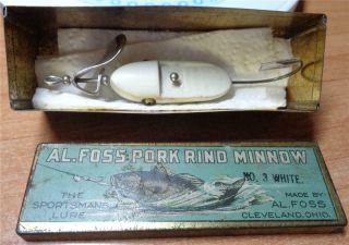 1 Al Foss Pork Rind Minnow Fishing Lure Tin Box Cell/glass Eye White 3