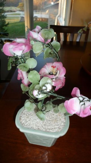 Vintage Chinese Asian Glass Jade Bonsai Flower Tree In A Pot 11.  5 " Tall