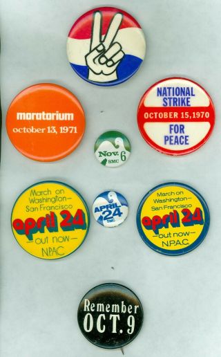 8 Vtg.  1960s - 70s Anti - Vietnam War Peace Protest Cause Pinback Buttons - Peace