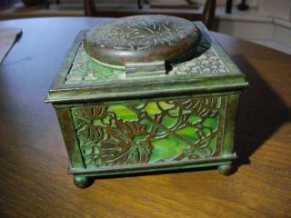 Antique Tiffany Studios Green Glass and Bronze Grapevine Desk Set Inkwell 36 2