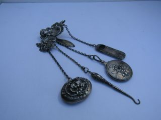 Antique Victorian Sterling Silver Cherub/rose Chatelaine W/4 Hanging Tools