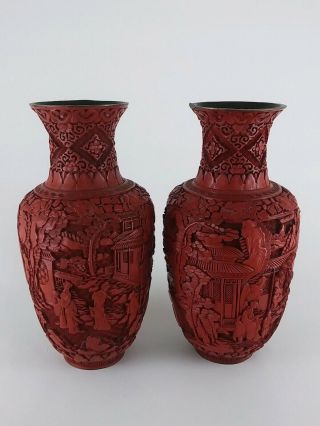 Pair Antique Chinese Cinnabar Carved Lacquer Vases Figures China 11.  25 " Tall