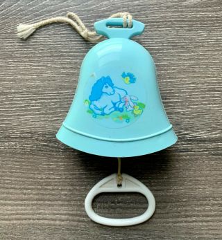 Vintage Tomy Musical Toy Bell Rock A Bye Baby Unicorn Pull String Crib Blue