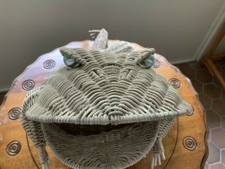 Vintage Woven Wicker Toad Frog Basket Large Green Marble Eyes @16x16x12