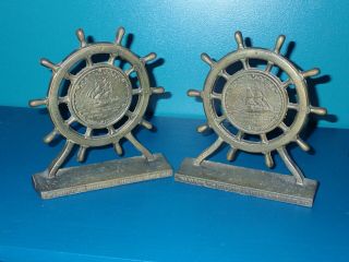 Pair Ships Wheel Bookends Uss Constitution Bronze Salvage Old Ironsides