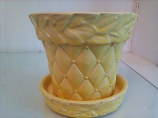 Mccoy Usa Vtg Yellow Pottery Planter Diamond Pattern Leaf Border Flower Pot 5 In