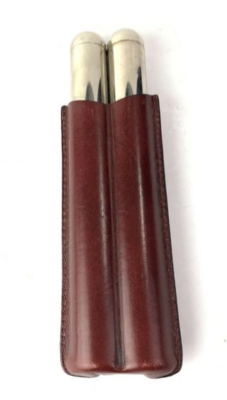 Lubinski Silver Plated & Leather Cigar Holder Hard Case Double Slot Holds 2