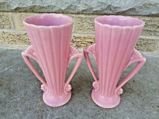 2 Vintage Vase Pink Glazed Ceramic Usa Mid Century Art Deco Fluted 7 " Tall