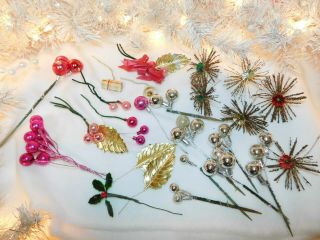Vintage 25 Christmas Ball Ornament Floral Picks Sputnik Stars Pink Silver